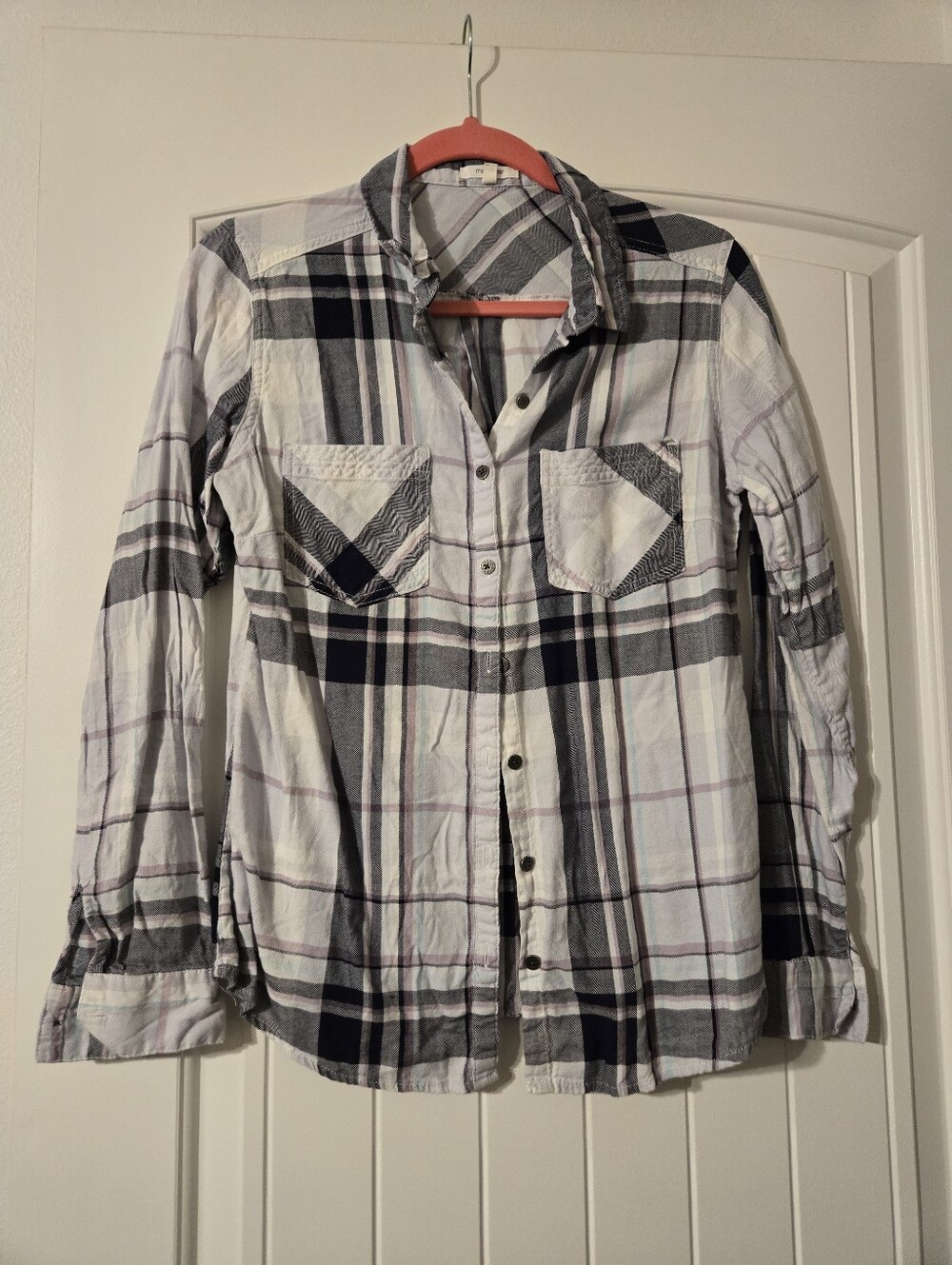 Maurices White and Gray Plaid Womens Button-Down Shirt